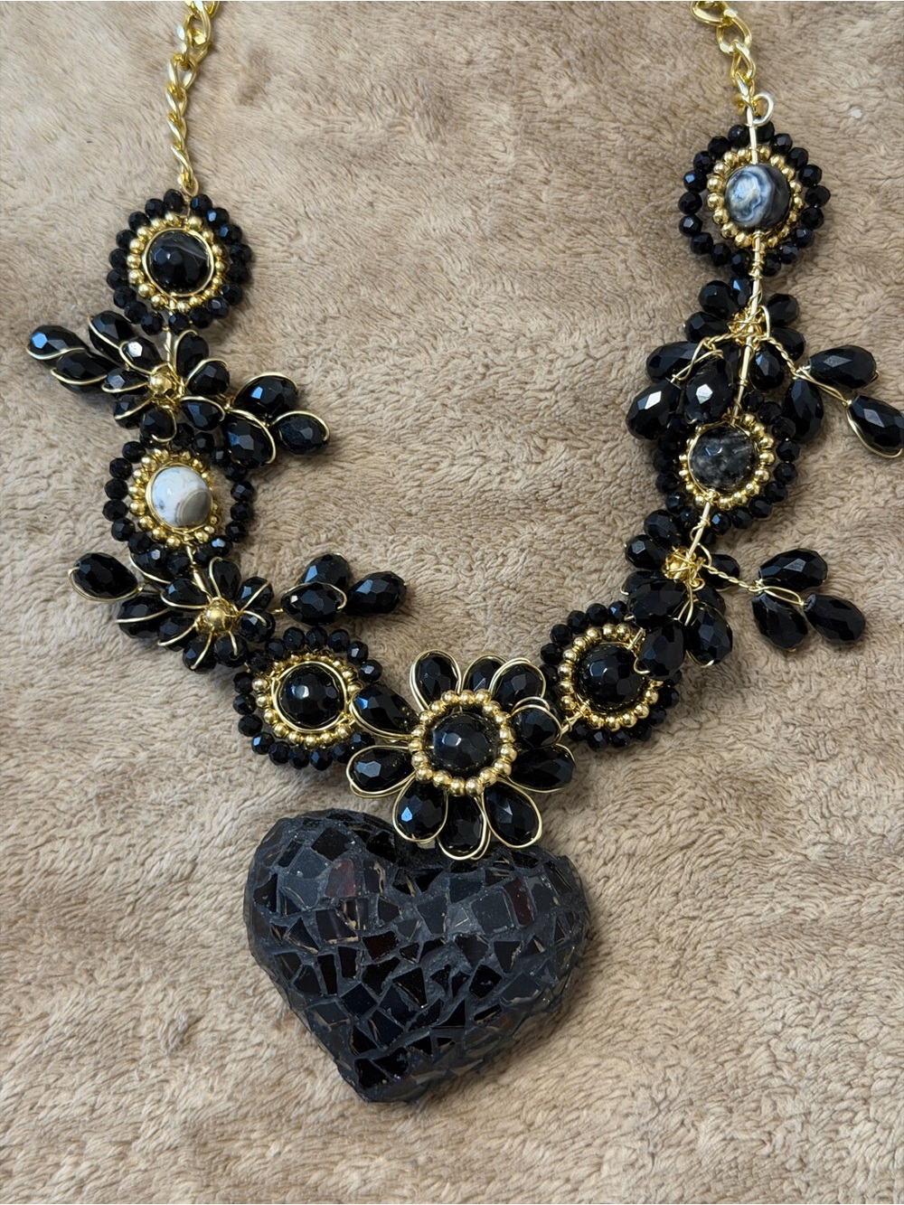 Black Mosaic Heart Statement Necklace - Gold Accent - Picture 3 of 3